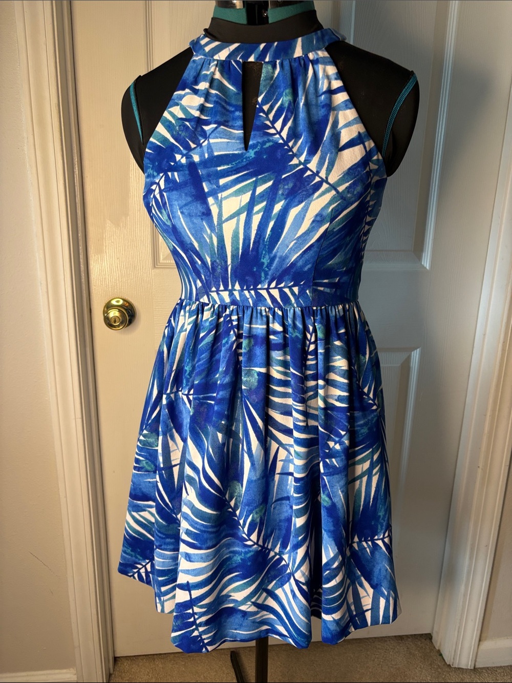 London Times Blue Tropical Hawaiian Sleeveless Halter Fit-and-Flare Skater Dress
